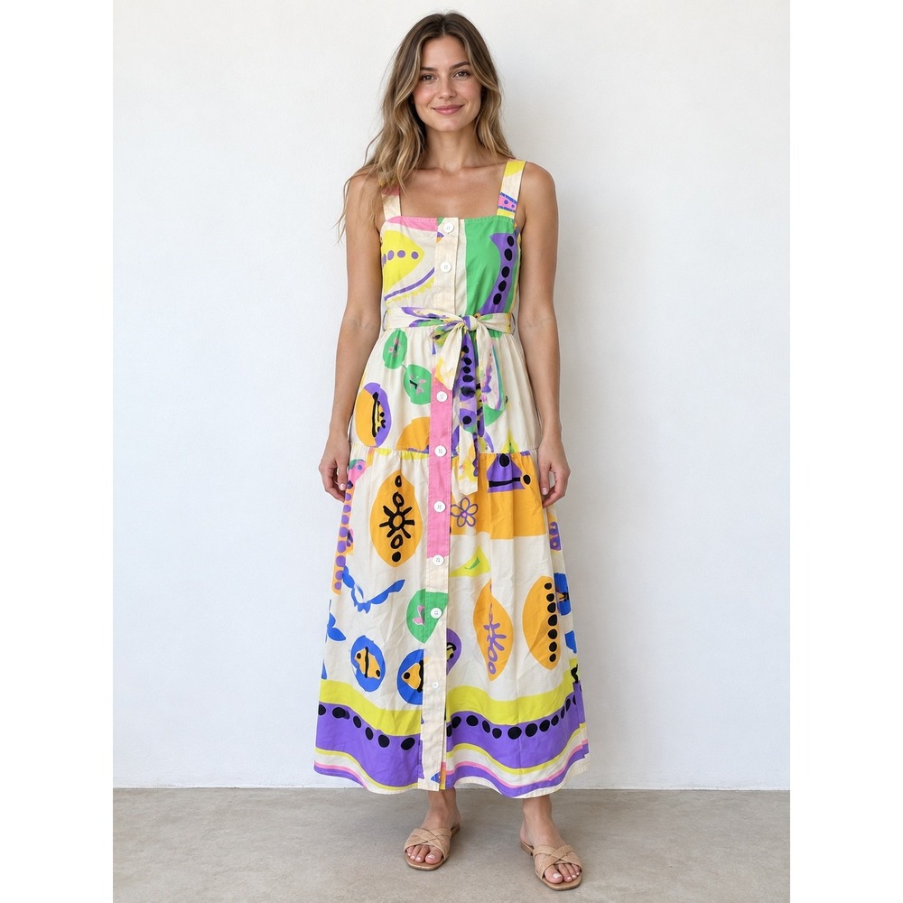 ZARA Abstract Doodle Print Button Front Belted Midi Dress M NWT